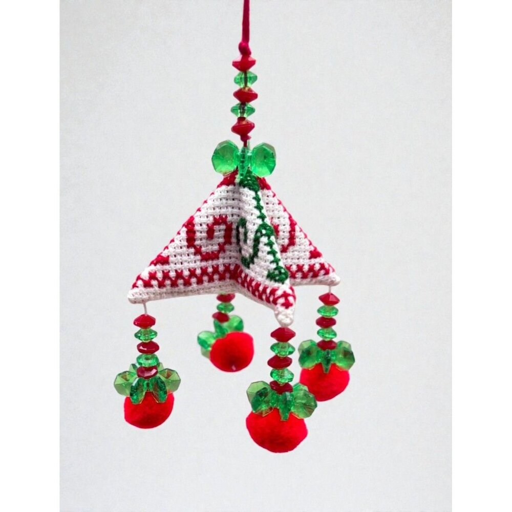 Pyramid Star Dangle Christmas Ornament Handmade Cross Stitch Beaded Accents